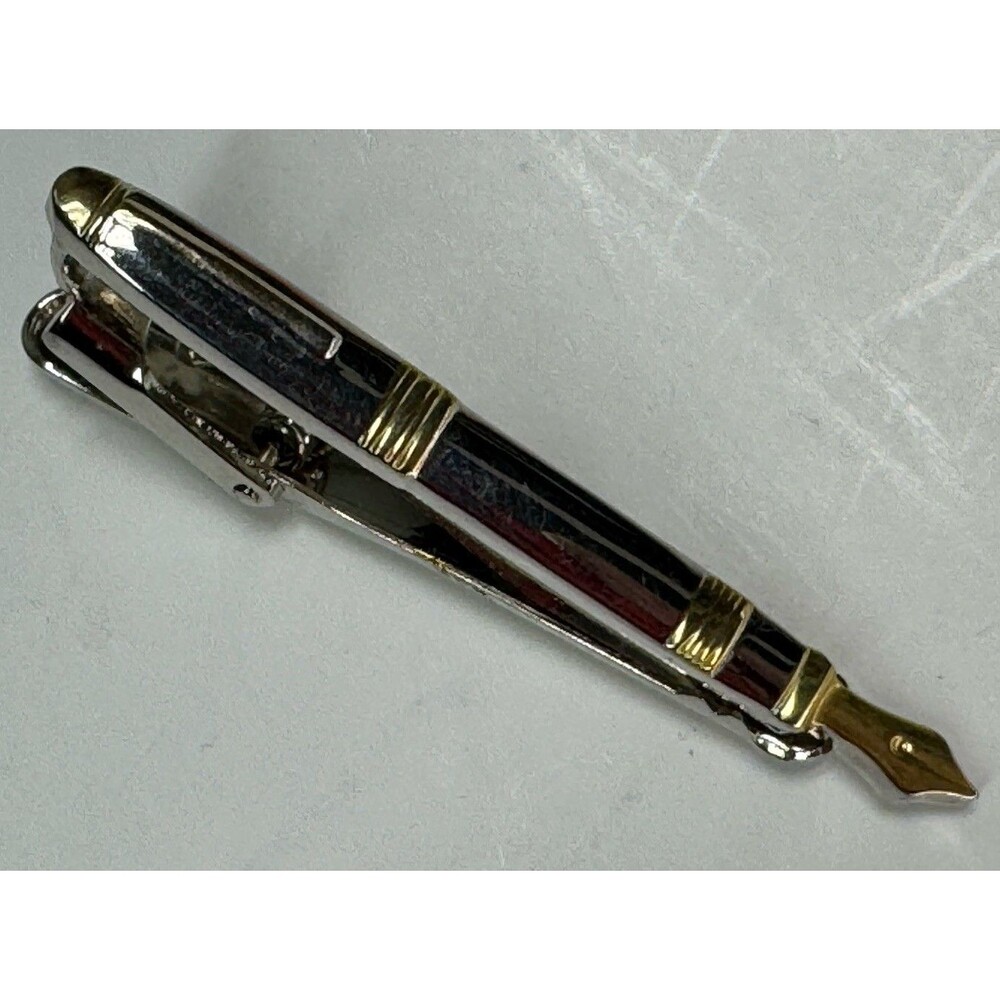 VTG Metal Fountain Pen Shaped Tie Bar Clip Gold Silver Tone Collectible Gift